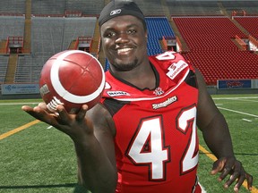 Calgary Stampeders defensive lineman Mike Labinjo.