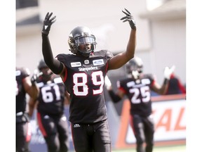Calgary Stampeders, DaVaris Daniels celebrates a TD against the Edmonton Eskimos in first half action during the Labour Day Classic at McMahon stadium in Calgary on Monday. Photo by Darren Makowichuk/Postmedia