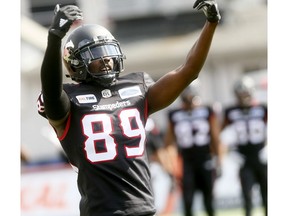 Calgary Stampeders, DaVaris Daniels celebrates a TD against the Edmonton Eskimos in first half action during the Labour Day Classic at McMahon stadium in Calgary on Monday September 3, 2018. Darren Makowichuk/Postmedia