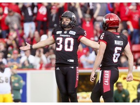 Calgary Stampeders kicker Rene Paredes celebrates the game winning field goal against the Edmonton Eskimos in second half action during the Labour Day Classic at McMahon stadium in Calgary on Monday. Photo by Darren Makowichuk/Postmedia