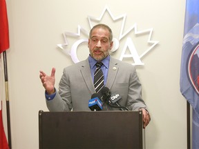 Calgary Police Association president Les Kaminsky speaks to media at a press conference where he called for the resignation of Calgary Police Commission Chair Brian Thiessen. Photo taken on Thursday, September 27, 2018. Dean Pilling/Postmedia