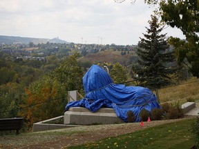 One of the original lion sculptures that once adorned the Centre Street Bridge is now in Rotary Park. It will be officially unveiled on Sept. 29, 2018.