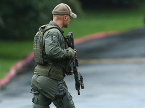 Authorities respond to a shooting in Harford County, Md., Thursday, Sept. 20, 2018.   Authorities say at least three people have been killed.