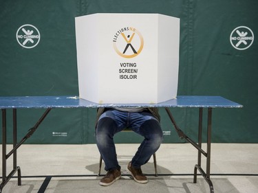 A voter sits behind a voting screen while marking their vote during the New Brunswick provincial election in Dieppe, N.B. on Monday, September 24, 2018.