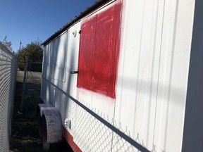 Thieves spray painted over the Tom's House of Pizza logo on the restaurant's charity event trailer stolen out of Okotoks. The trailer was found by police damaged at a campground near Carstairs, Alt., on Spet. 22, 2018.