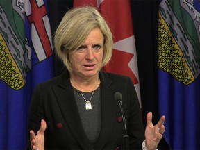 Alberta Premier Rachel Notley reacts at the legislature in Edmonton, Friday, Sept.21, 2018 to news that the federal government has set a 22-week timeline for the National Energy Board to review the impact of increased Trans Mountain pipeline tanker traffic on marine life on the B.C. coast. Notley says the timeline is reasonable but that Alberta will not brook any further delay. THE CANADIAN PRESS/Dean Bennett ORG XMIT: DB101
