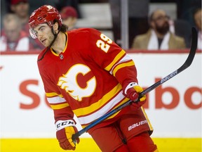 Calgary Flames rookie Dillon Dube during warmup before playing the Vancouver Canucks in NHL hockey action at the Scotiabank Saddledome in Calgary,  on Saturday October 6, 2018. Leah Hennel/Postmedia