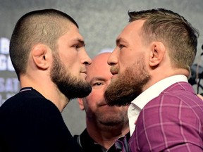 Lightweight champion Khabib Nurmagomedov faces-off with Conor McGregor during the UFC 229 Press Conference at Radio City Music Hall on September 20, 2018 in New York City.