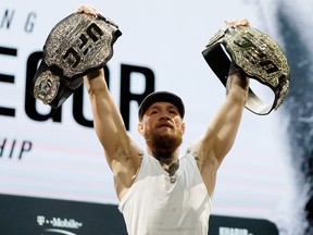 Conor McGregor poses for cameras following a press conference for UFC 229 at Park Theater at Park MGM on October 03, 2018 in Las Vegas, Nevada. McGregor will challenge UFC lightweight champion Khabib Nurmagomedov for his title at UFC 229 on October 6 at T-Mobile Arena in Las Vegas.