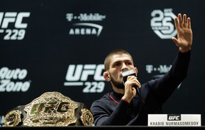 UFC lightweight champion Khabib Nurmagomedov speaks during a press conference for UFC 229 at Park Theater at Park MGM on Oct. 4, 2018 in Las Vegas.