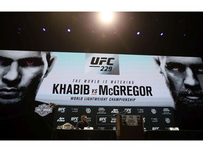 UFC lightweight champion Khabib Nurmagomedov takes the stage without Conor McGregor (not pictured) during a press conference for UFC 229 at Park Theater at Park MGM on October 04, 2018 in Las Vegas, Nevada. Nurmagomedov, refused to wait for a tardy McGregor, will defend his title against McGregor at UFC 229 on October 6 at T-Mobile Arena in Las Vegas, Nevada.
