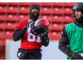 Calgary Stampeders Bakari Grant takes the field at a practice session to get ready for the western final against the BC Lions at McMahon Stadium in Calgary, Alta.. on Friday November 18, 2016. Mike Drew/Postmedia