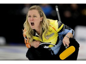 Chelsea Carey yells instructions to teammate Colin Hodgson during the 2018 Canadian Mixed Doubles Curling Championship, at the Leduc Recreation Centre Saturday March 31, 2018. Photo by David Bloom Photos for copy in Sunday, April 1 edition.