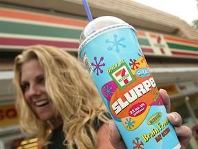 Winnipegger Carrie Potts holds a Slurpee outside a 7-11 store.