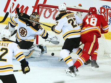 Juuso Valimaki's shot goes in past The Boston Bruins goaltender Tuukka Rask during NHL action at the Scotiabank Saddledome in Calgary on Wednesday October 17, 2018.