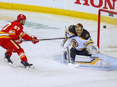 The Calgary Flames Michael Frolik scores his second goal of the night during NHL second period action against the Boston Bruins at the Scotiabank Saddledome in Calgary on Wednesday October 17, 2018.