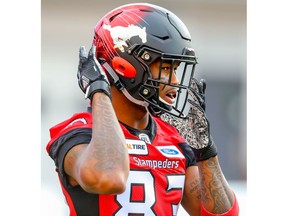 Calgary Stampeders Markeith Ambles during warm-up before facing the Toronto Argonauts in CFL football in Calgary on Friday, September 28, 2018. Al Charest/Postmedia