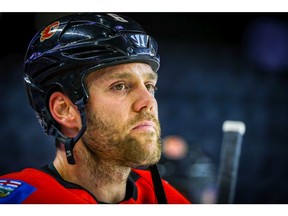 Calgary Flames defenceman Dalton Prout during the pre-game skate before facing the San Jose Sharks in NHL pre-season hockey at the Scotiabank Saddledome in Calgary on Tuesday, September 25, 2018. Al Charest/Postmedia