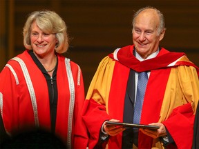 His Highness the Aga Khan, with president and vice-chancellor Elizabeth Cannon and Chancellor Deborah Yedlin after receiving his honorary degree, Doctor of Laws, from the  University of Calgary.  Al Charest/Postmedia