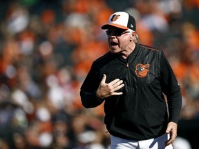Orioles manager Buck Showalter protests a call in the third inning of a game against the Astros in Baltimore, Sunday, Sept. 30, 2018.