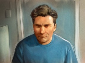 Paul Bernardo is shown in this courtroom sketch during Ontario court proceedings via video link in Napanee, Ont., on October 5, 2018.(Greg Banning/Canadian Press)