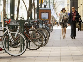 Bicycles parked on Stephen Avenue Walk in downtown Calgary.