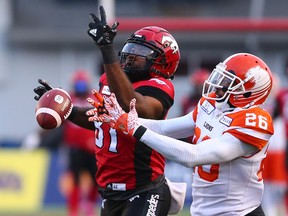 The Calgary Stampeders' Chris Matthews wasn't able to hang onto this pass while being covered by the B.C. Lions' Anthony Orange during CFL action against the B.C Lions at McMahon Stadium in Calgary on Saturday, October 13, 2018.