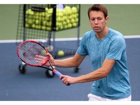 Canadian tennis player Daniel Nestor teaches during a doubles clinic during the National Bank Challenger Tournament in Calgary on Wednesday October 17, 2018. The event takes place at the Osten & Victor Alberta Tennis Centre through the weekend.   Photo by Gavin Young/Postmedia.