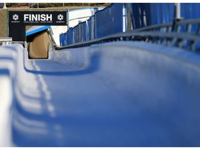 The sun shines on the finish line for the sliding track at Canada Olympic Park on Monday.