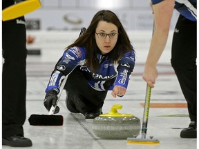 Val Sweeting (skip) delivers a rock during game action at the 2018 Pinty's Grand Slam of Curling, Meridian Canadian Open held in Camrose, Alberta on Tuesday January 16, 2018.