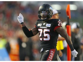 Calgary Stampeders Don Jackson celebrates a touchdown on Saskatchewan Roughriders during CFL action at McMahon Stadium in Calgary, Alta.. on Saturday October 20, 2018. Leah hennel/Postmedia