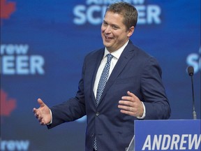 Conservative Party of Canada Leader Andrew Scheer reacts to the crowd as he prepares to speak at the party's national policy convention in Halifax on Friday, Aug. 24, 2018.