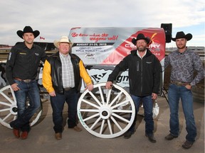 (L-R) Kurt Bensmiller, Troy Dorchester, Jason Glass and Chad Fike pose at Century Downs Race Track and Casino near Balsac, north of Calgary on Thursday, October 18, 2018. They group announced a World Professional Chuckwaton Association world final race starting in August 2019.