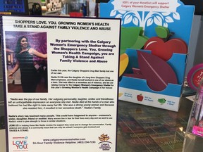 A display at the Acadia Shoppers Drug Mart at 383 Heritage Dr S.E. in Calgary, Alta., urging customers to donate to the Calgary Women's Emergency Shelter. The campaign was started by the family of murdered Calgary woman Nadia El-Dib.