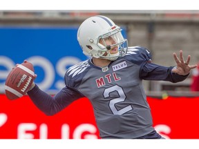 Montreal Alouettes QB Johnny Manziel throws the ball down field during first half CFL action against the Saskatchewan Roughriders, in Montreal on Saturday, Sept. 22, 2018.