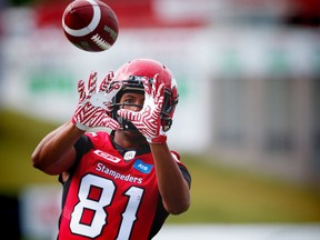 Calgary Stampeders Bakari Grant in warm up before facing the Hamilton Tiger-Cats in CFL football in Calgary, Alta., on Sunday, August 28, 2016. AL CHAREST/POSTMEDIA