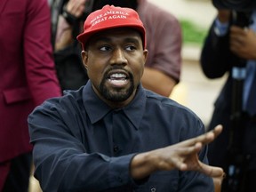 Rapper Kanye West speaks during a meeting in the Oval Office of the White House with President Donald Trump, Thursday, Oct. 11, 2018, in Washington.