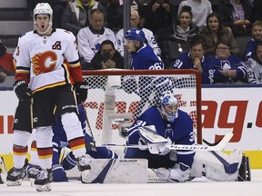 Calgary Flames Sean Monahan opens the scoring on a power play during the third period in Toronto on Tuesday, Oct. 30, 2018.