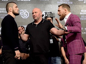 Lightweight champion Khabib Nurmagomedov faces-off with Conor McGregor during the UFC 229 Press Conference at Radio City Music Hall on Sept. 20, 2018 in New York City.