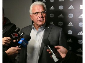 B.C. Lions Head Coach Wally Buono speaks to media at McMahon Stadium in Calgary before the Lions take on the Stampeders. The upcoming game will be Buono's last regular season game played in Calgary. Friday, October 12, 2018. Dean Pilling/Postmedia