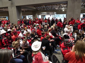 Olympic bid supporters gather at Calgary City Hall on Wednesday, Oct. 31, 2018, as council prepares to debate the issue.