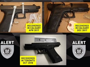 ALERT alleges that Philip Edward Sarrasin, 26,  purchased seven handguns during a nine-month window, beginning in February 2016. Three of the handguns purchased by the accused (pictured) later surfaced during police investigations. (Handout)