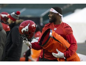 The Calgary Stampeders' DaVaris Daniels (89) warms up his helmet during a team practice at Commonwealth Stadium, in Edmonton Friday November 23, 2018. The Stampeders will face the Ottawa Redblacks in the Grey Cup this Sunday.
