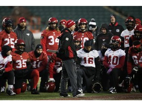The Calgary Stampeders' head coach Dave Dickenson talks to the team during a practice at Commonwealth Stadium, in Edmonton Friday November 23, 2018. The Stampeders will face the Ottawa Redblacks in the Grey Cup this Sunday. Photo by David Bloom
