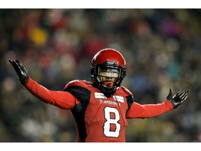 The Calgary Stampeders' Emanuel Davis (8) celebrates a play during second half Grey Cup action against the Ottawa Redblacks at Commonwealth Stadium, in Edmonton Sunday November 25, 2018. Calgary won 27 to 16.  Photo by David Bloom