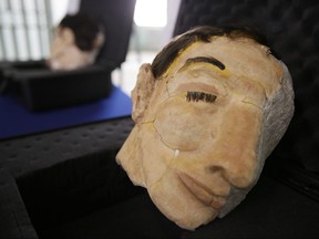 A newly 3D printed decoy head used by prisoners to mount their infamous escape in 1962, is on display during a news conference at Alcatraz Island Thursday, Nov. 15, 2018, in San Francisco. (AP Photo/Eric Risberg)