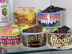 Edible cannabis products are displayed at Essence Vegas Cannabis Dispensary before the midnight start of recreational marijuana sales on June 30, 2017 in Las Vegas, Nevada. (Photo by Ethan Miller/Getty Images) ORG XMIT: 775000775