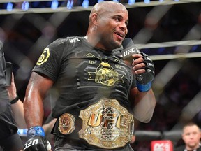 Daniel Cormier addresses the crowd after winning his heavyweight championship fight against Stipe Miocic at T-Mobile Arena on July 7, 2018 in Las Vegas, Nevada. Cormier won by first round knockout.