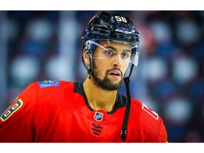 Calgary Flames Oliver Kylington during the pre-game skate before facing the San Jose Sharks in NHL pre-season hockey at the Scotiabank Saddledome in Calgary on Tuesday, September 25, 2018. Al Charest/Postmedia