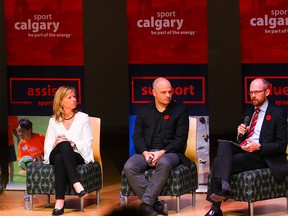 Calgary 2026 CEO, Mary Moran was joined by Norm O'Reilly, assistant dean, University of Guelph and Trevor Tombe, associate professor, the University of Calgary to discuss the economic costs and benefits of hosting the games during the 2026 Olympic and Paralympic symposium in the Leacock Theatre at Mount Royal University on Thursday, November 1, 2018. Al Charest/Postmedia